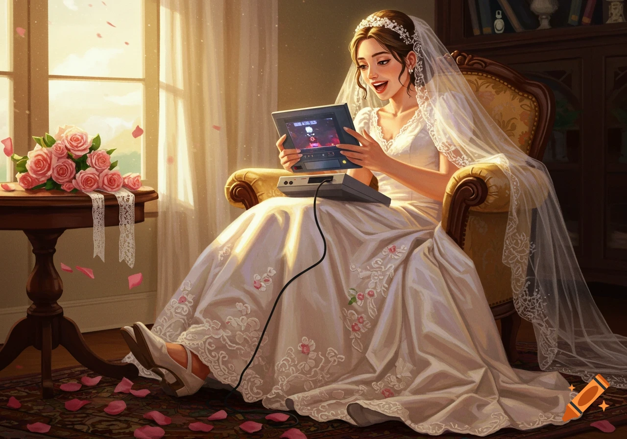 A smiling bride in a wedding gown and veil sits in an armchair, playing a handheld video game console. A bouquet of roses sits on a table beside her.