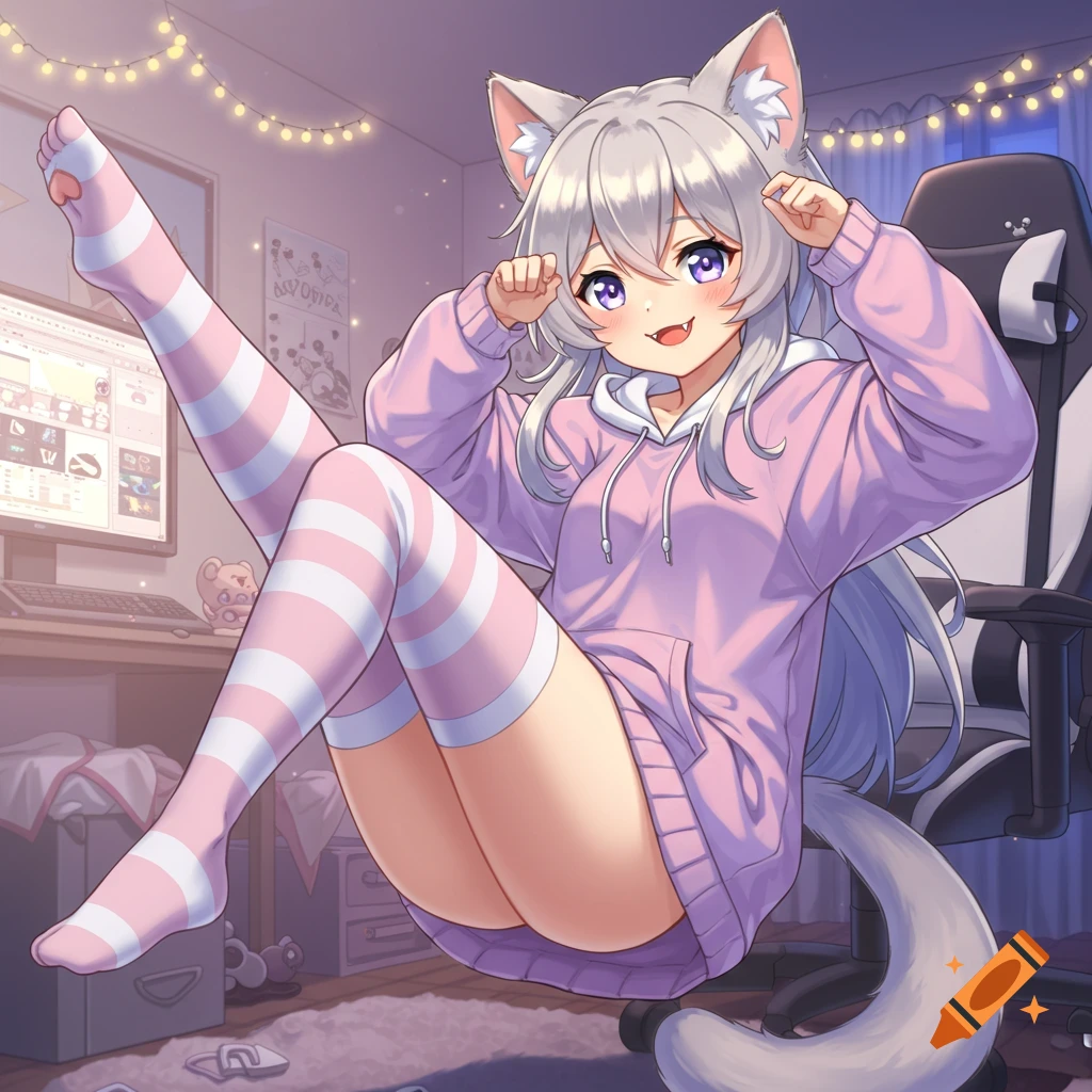 Cute anime catgirl lounging playfully in an oversized pink hoodie and striped thigh-high socks in a cozy bedroom.