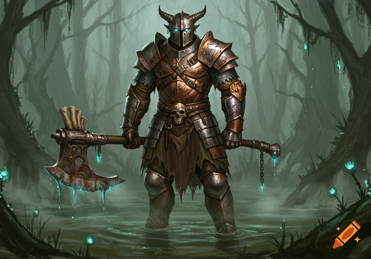 A heavily armored warrior with a horned helmet and glowing eyes stands in a murky swamp, holding a large, glowing axe.