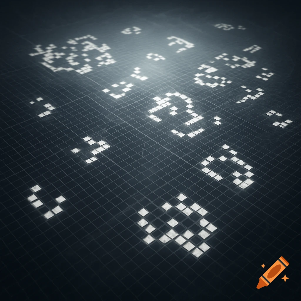 Glowing white pixelated patterns resembling cellular automata on a dark grid surface, with a shallow depth of field.