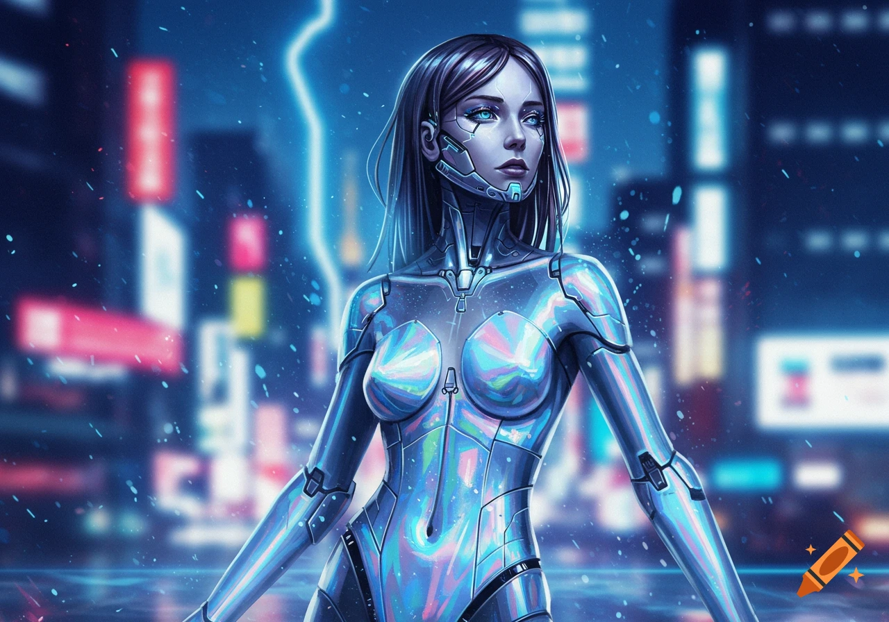 A futuristic cyborg woman with glowing blue eyes stands against a blurred neon cyberpunk city at night, digital art.