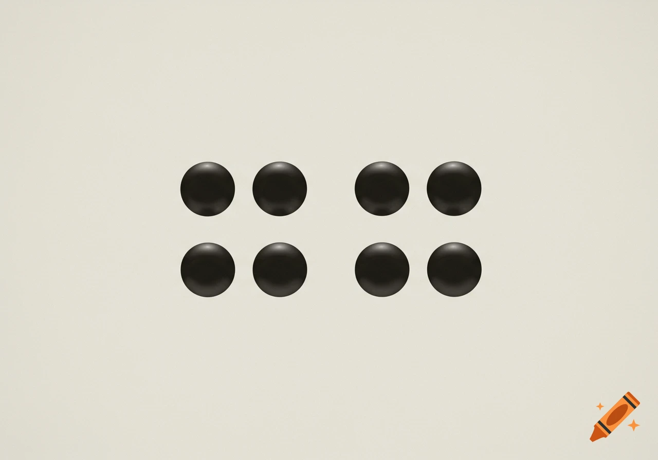 Eight glossy black circles are arranged in two rows of four on a light, off-white background, mimicking the eye pattern of a jumping spider.