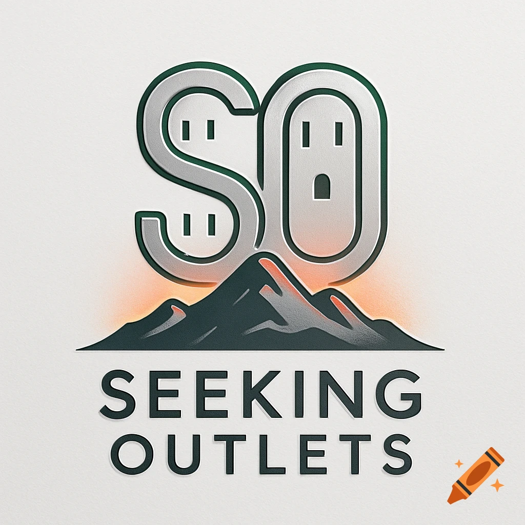 A stylized logo with silver metallic letters "SO" resembling power outlets, positioned above dark green mountains with an orange glow, and the text "SEEKING OUTLETS" in black below.