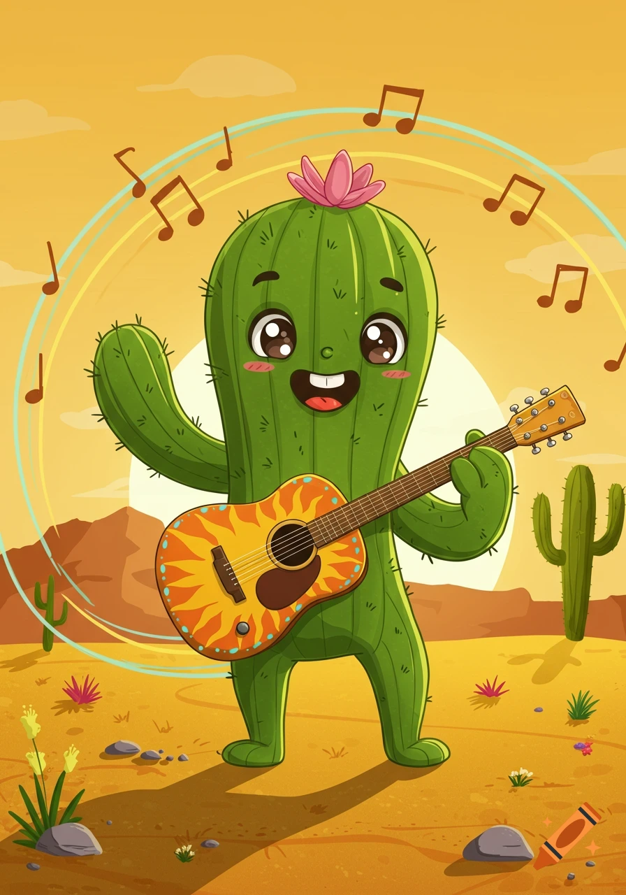 A cute cartoon cactus plays a guitar in a desert landscape with musical notes floating around it.