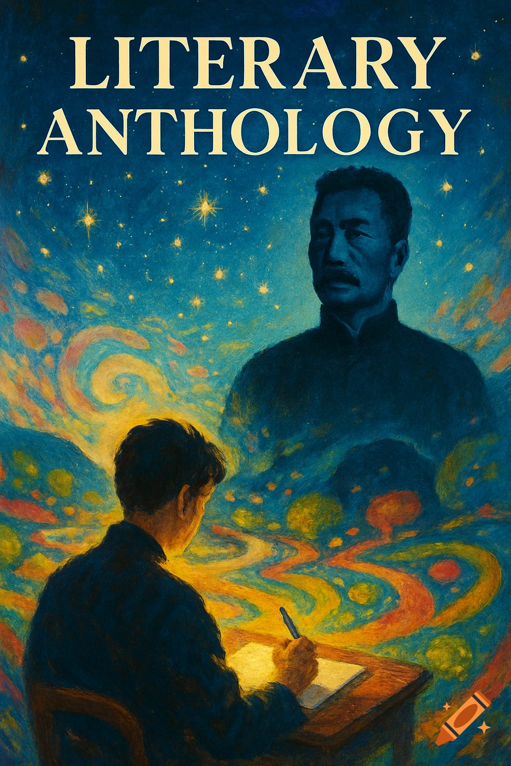 A stylized book cover with 'LITERARY ANTHOLOGY' text, showing a person writing under a starry sky while a large, ethereal figure of an older man watches over.