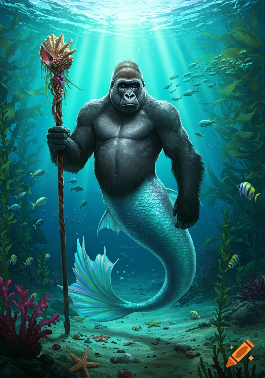 Illustration of a muscular gorilla merman holding a shell-topped staff underwater amidst kelp, fish, and coral.