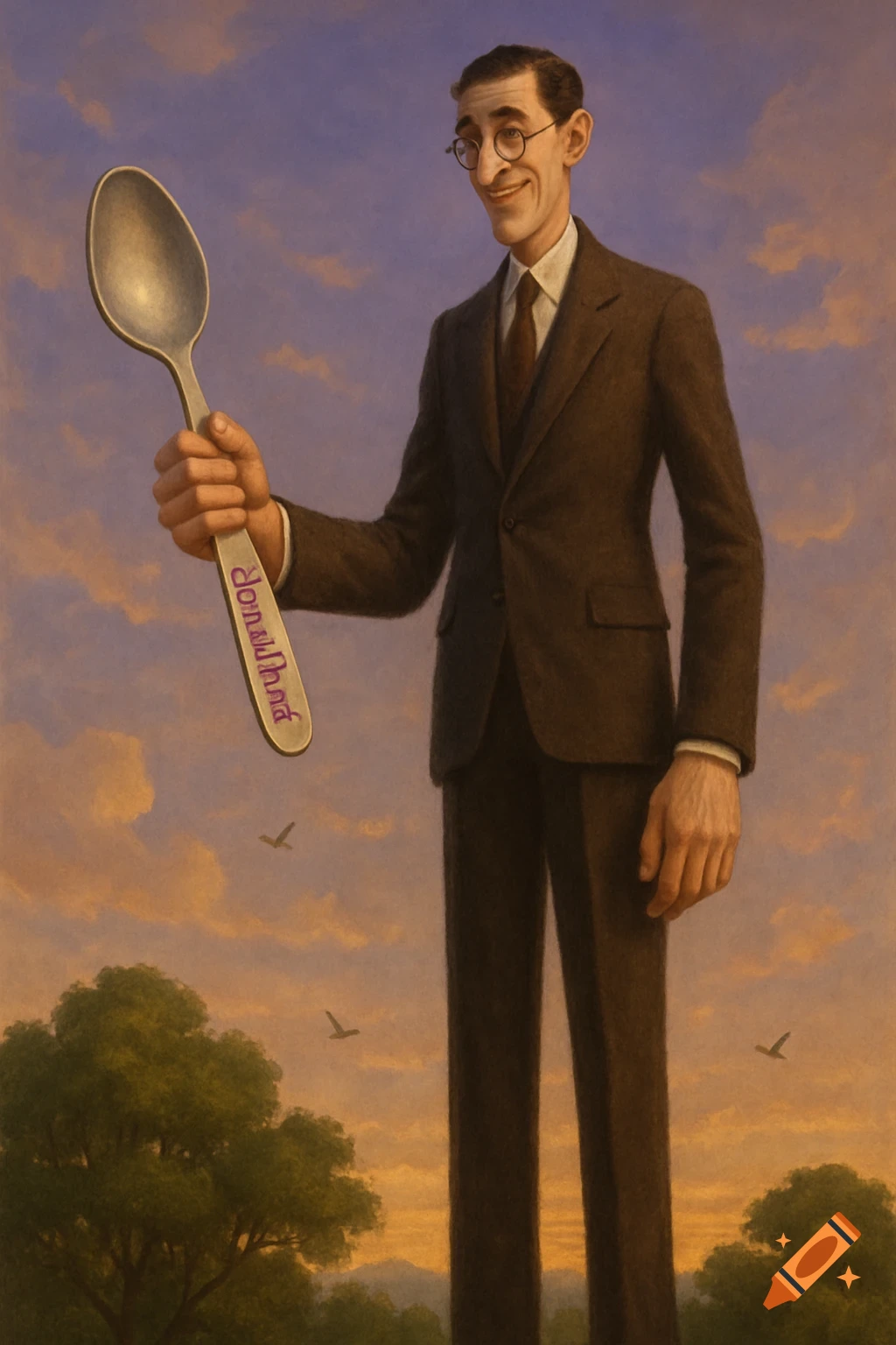 A tall, smiling man in a suit and glasses holds a giant spoon against a sunset sky with clouds, distant trees, and birds.