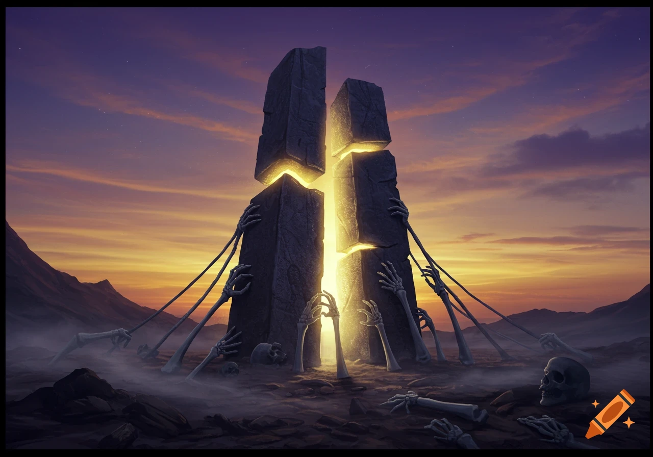 Skeletal hands emerge from misty ground at sunset, holding together a glowing, split stone monolith in a dark fantasy landscape.
