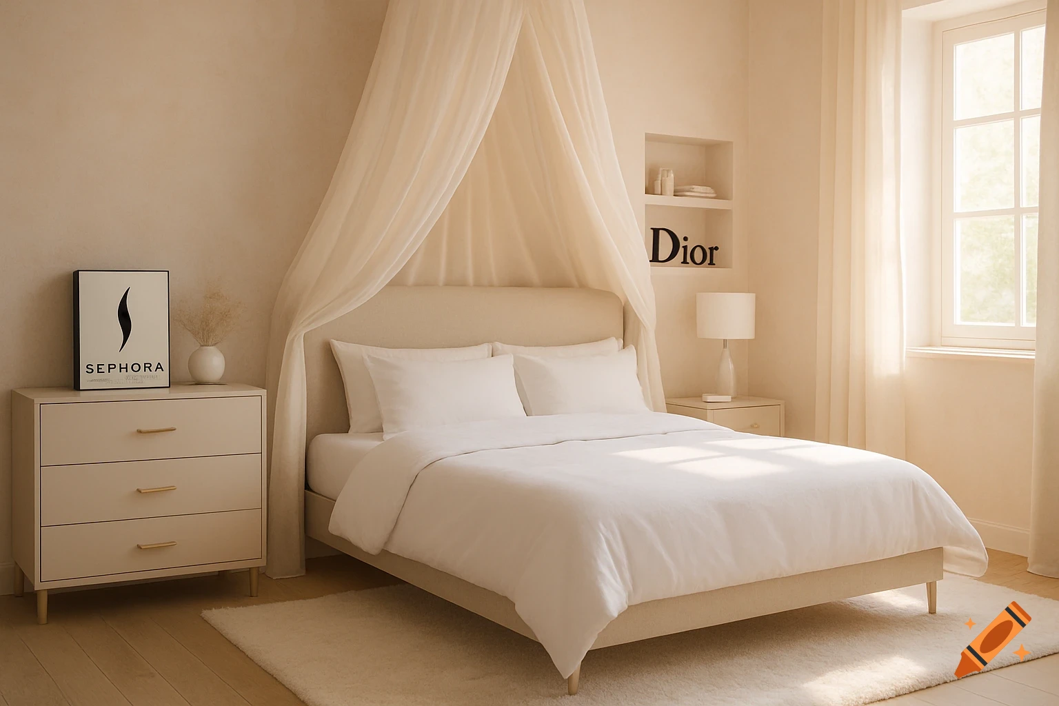 A cozy, photorealistic bedroom with a large bed, white canopy, dresser, and window. Cream walls, wood floor, white rug. Sephora poster, Dior sign.