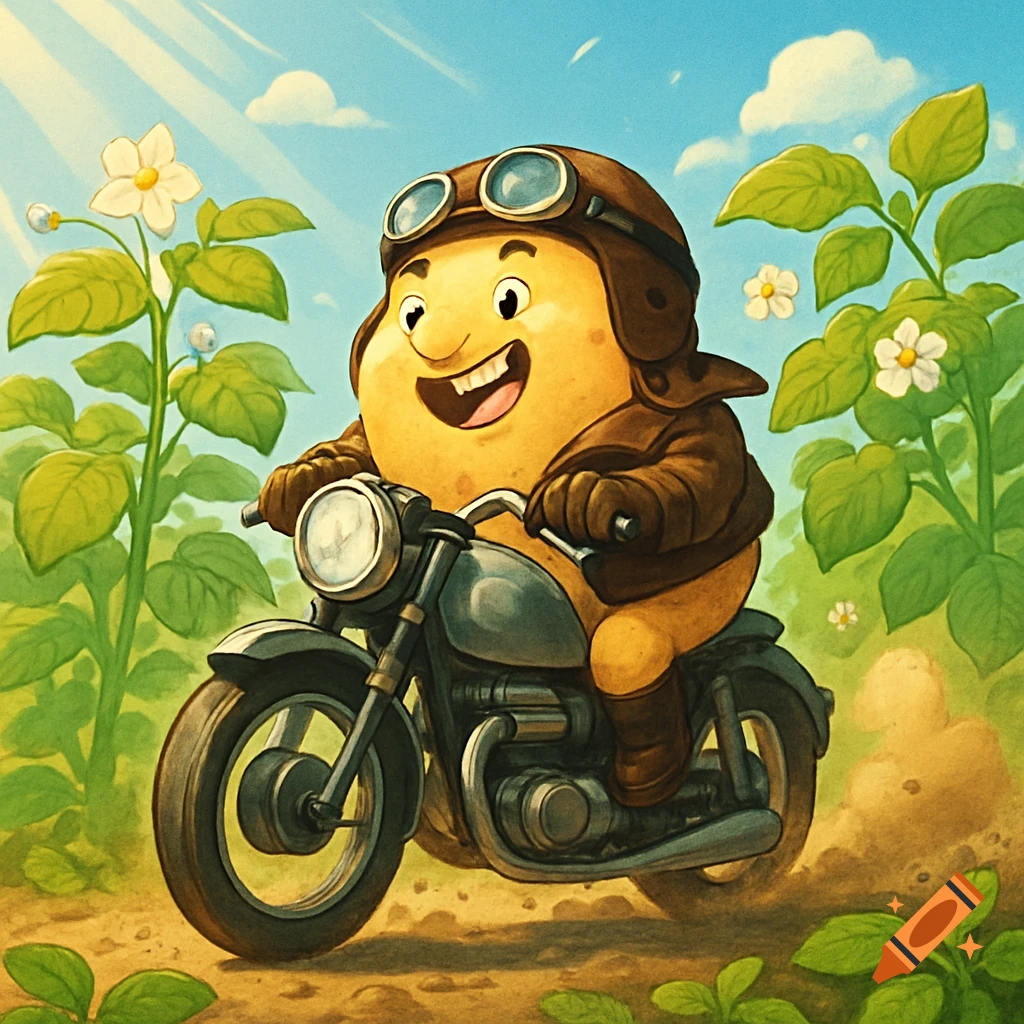 A cheerful cartoon potato wearing a leather jacket and goggles rides a motorcycle through a field of potato plants.