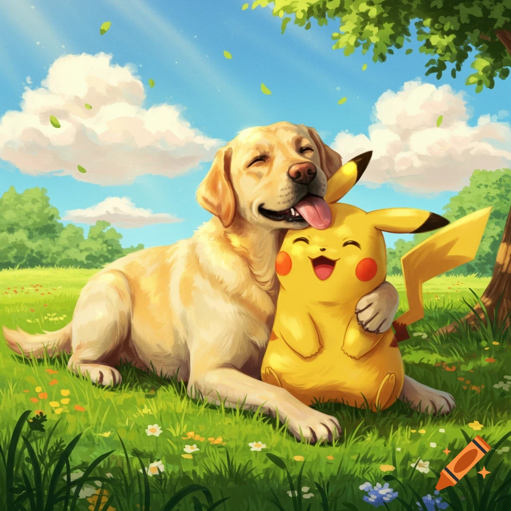 A happy yellow Labrador dog licks and hugs a smiling Pikachu on green grass under a blue sky with clouds.