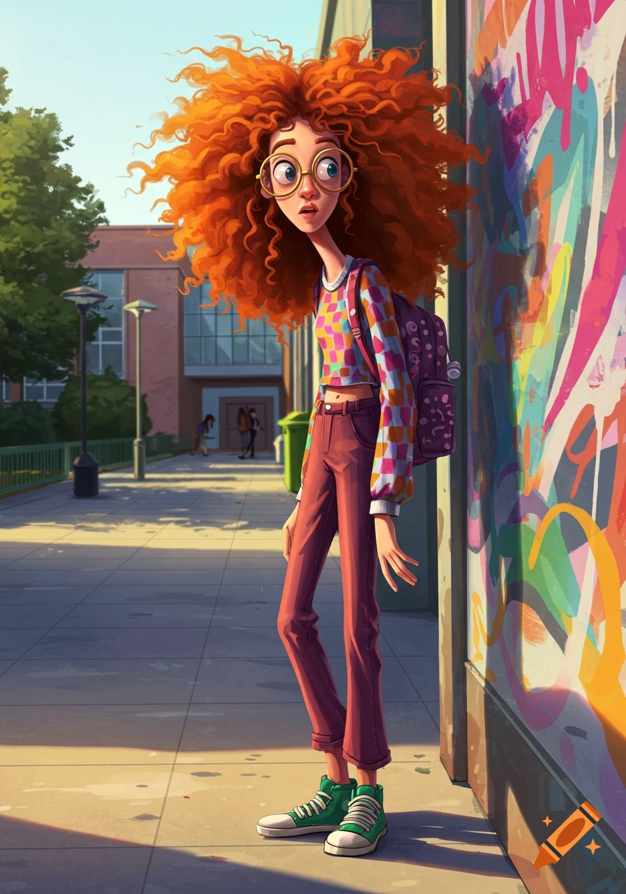 A lanky, quirky cartoon college girl with large curly red hair and round glasses stands by a graffiti wall on a sunny campus sidewalk.