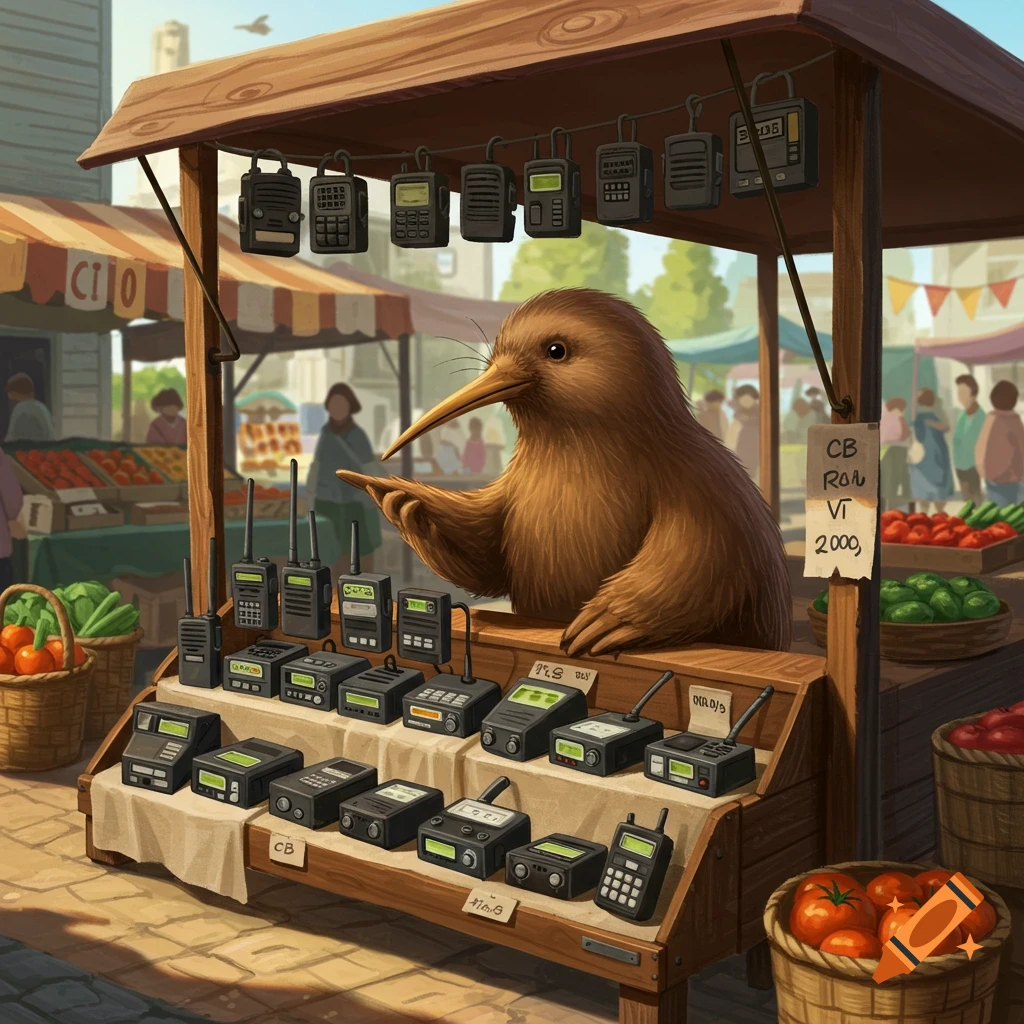 A whimsical kiwi bird, with a long beak, stands behind a market stall selling an array of CB radios. Other market stalls and people are in the background.
