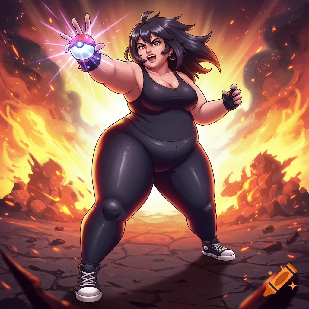 A curvy anime female Pokémon trainer in a tank top and leggings holds a glowing Poké Ball in a dynamic pose against a fiery, apocalyptic background.