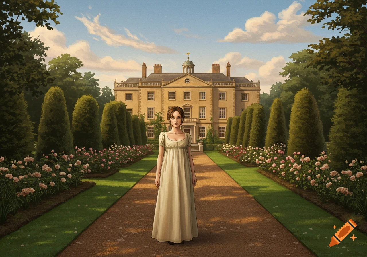 A woman in a historical cream dress stands on a path leading to a grand manor house with a formal garden.