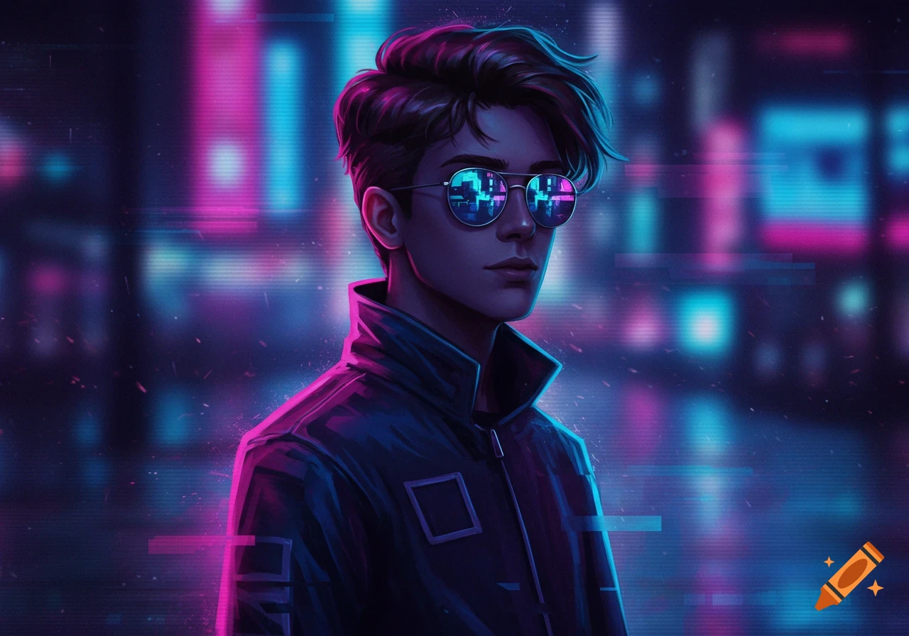 Young man with dark hair and reflective sunglasses in a neon blue and pink cyberpunk city.