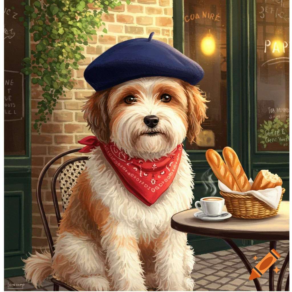 A fluffy brown and white dog wearing a blue beret and red bandana sits at an outdoor cafe table with baguettes and coffee.