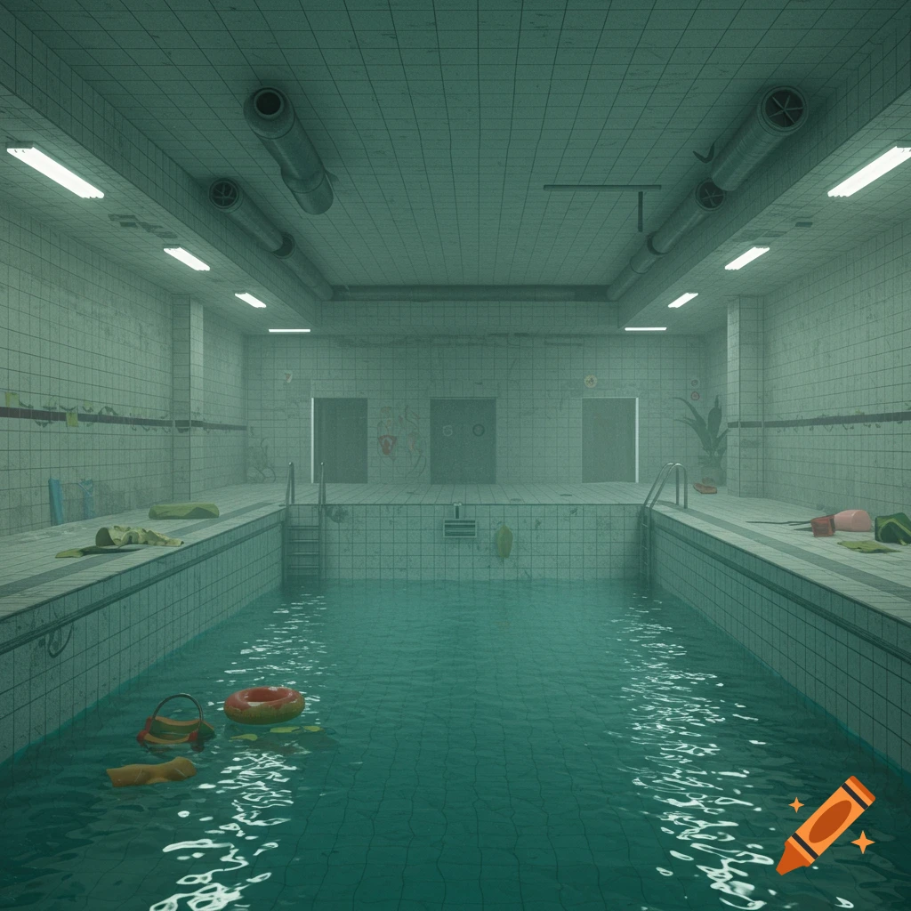 An empty, eerie indoor swimming pool with green tiled walls, glowing fluorescent lights, and faint graffiti, evoking a liminal space.
