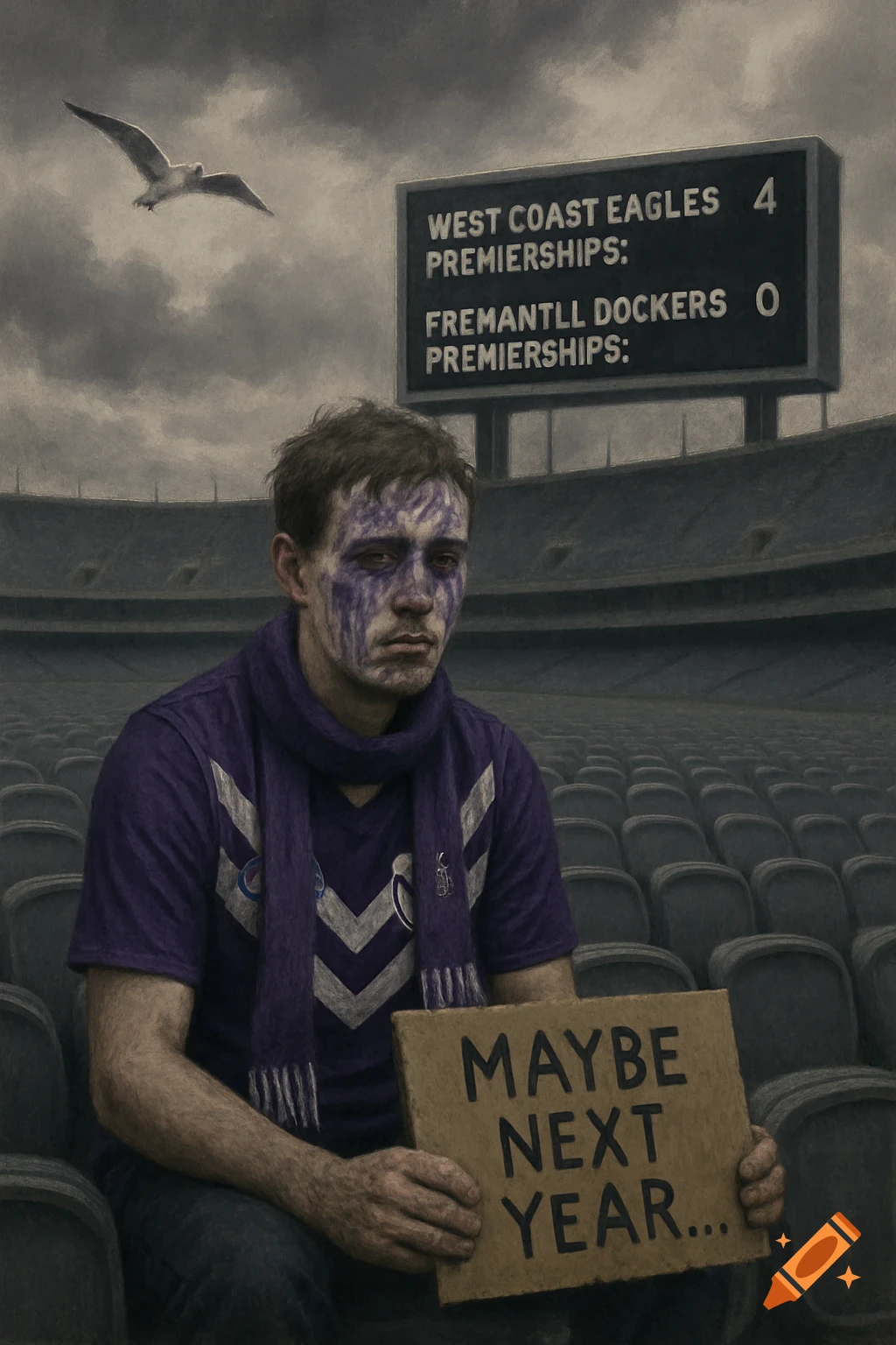 Sad Fremantle Dockers fan in an empty stadium, holding a 'Maybe next year...' sign. Scoreboard shows West Coast Eagles 4, Dockers 0.