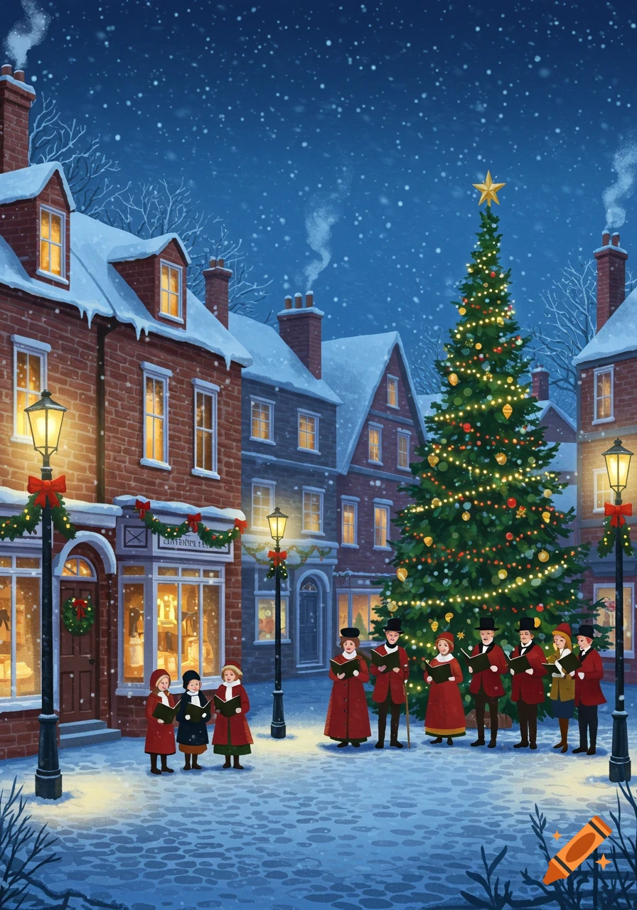 A festive illustration of carolers singing in a snowy town square at night, featuring a large decorated Christmas tree and snow-covered buildings with glowing windows.