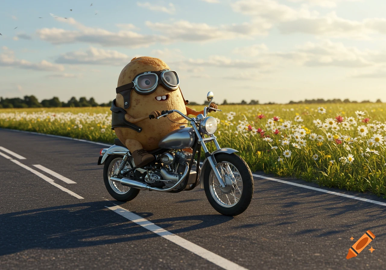 A cartoon potato character wearing goggles and a leather vest rides a motorcycle down a road past a field of wildflowers on a sunny day.