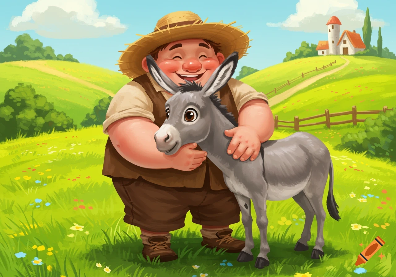 A cheerful, chubby man in a straw hat hugs a gray donkey in a vibrant green, hilly countryside with a farm building, cartoon style.