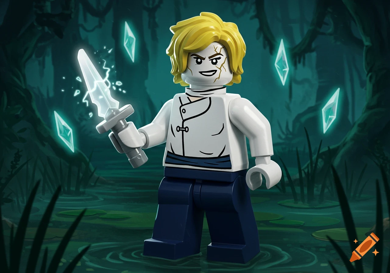 A confident Lego Ninjago villain with cracked skin, yellow hair, and a glowing white dagger stands in a mysterious dark swamp with floating illusion shards.