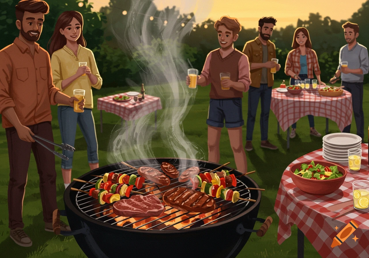 A group of diverse friends enjoys an outdoor barbecue at sunset, grilling meat and skewers on a smoking BBQ while socializing.