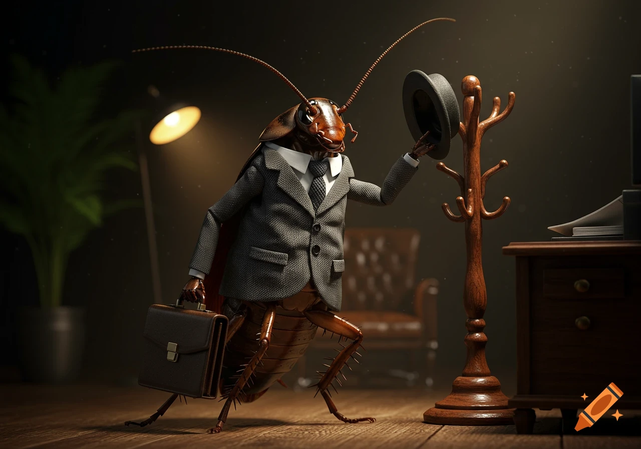 Hyper-realistic cockroach in a business suit holding a briefcase, picking up a hat in a dark, stylish office.