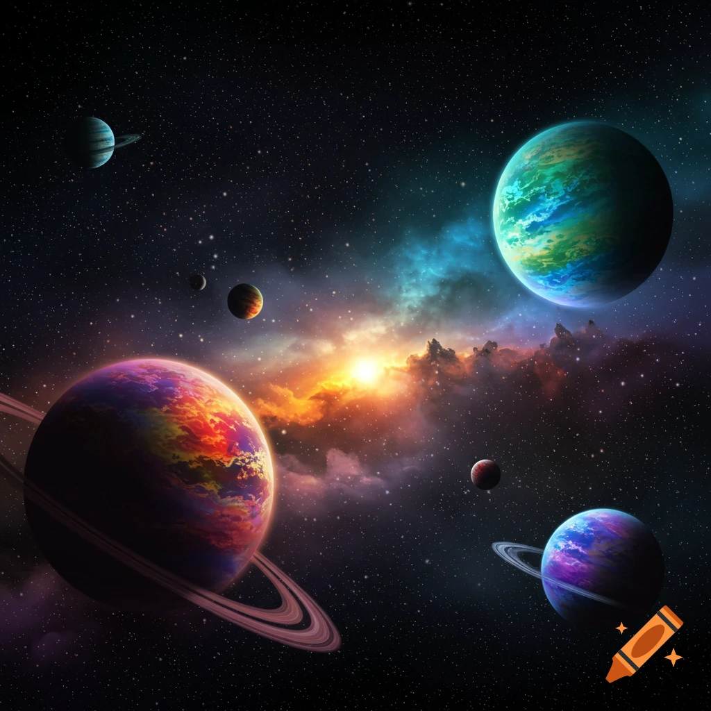 Vibrant, colorful planets and rings in a star-filled galaxy with a bright nebula.
