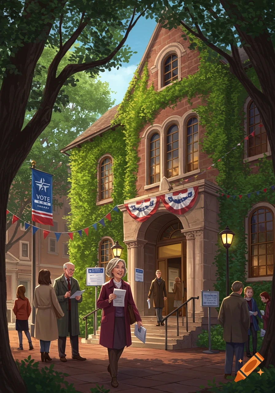 People gather outside a charming, ivy-covered brick building adorned with election banners and bunting, resembling a polling place. A woman in a red coat smiles while carrying papers, surrounded by other voters and campaigners.