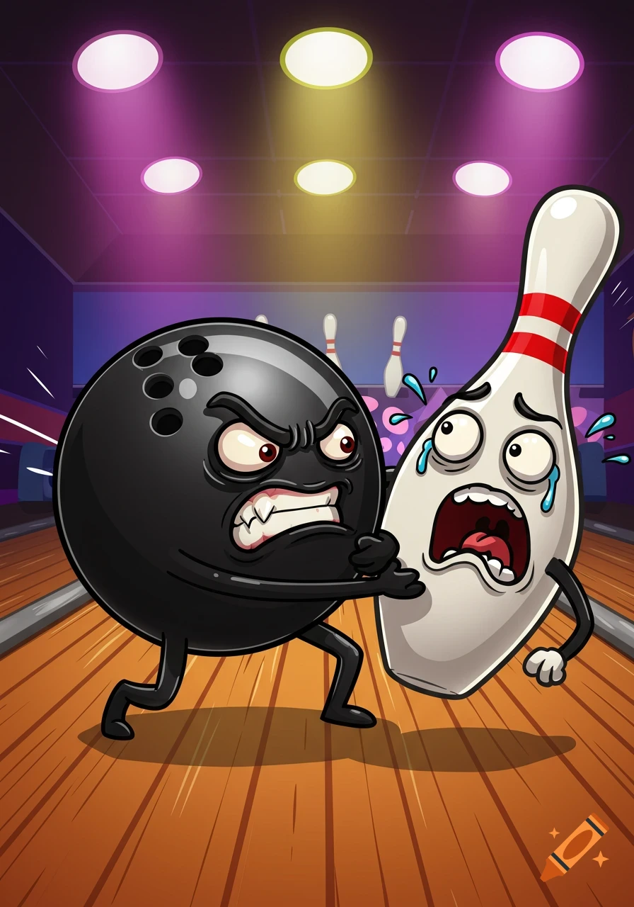 A cartoon bowling ball with an angry face tackles a scared, crying bowling pin on a bowling lane.
