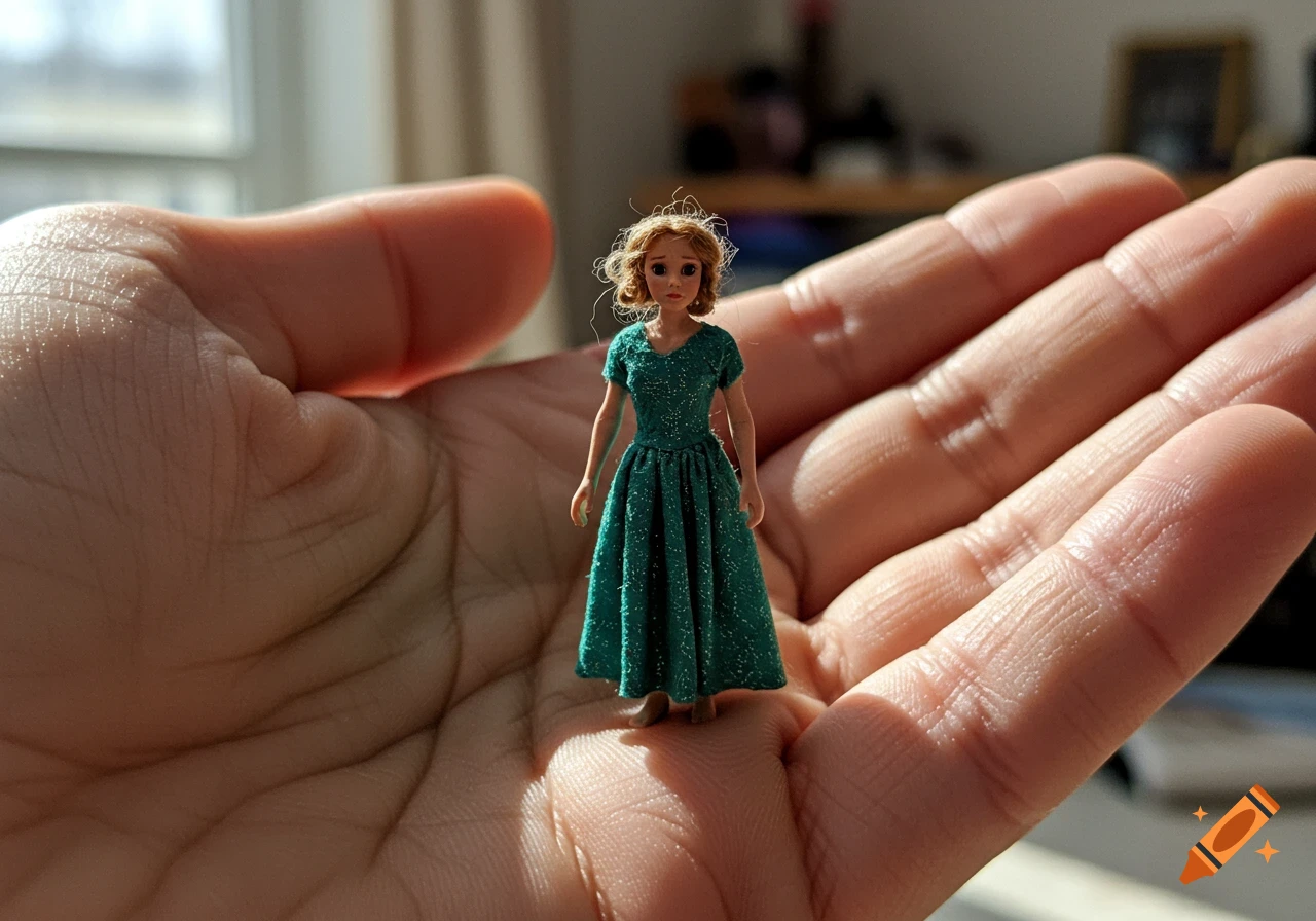 Photorealistic close-up of a tiny doll-like woman in a green dress with blonde hair, held in the palm of a hand.