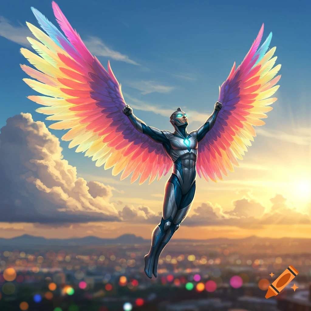 A superhero with large, colorful rainbow wings flies dynamically over a blurred city at sunset, looking upwards.
