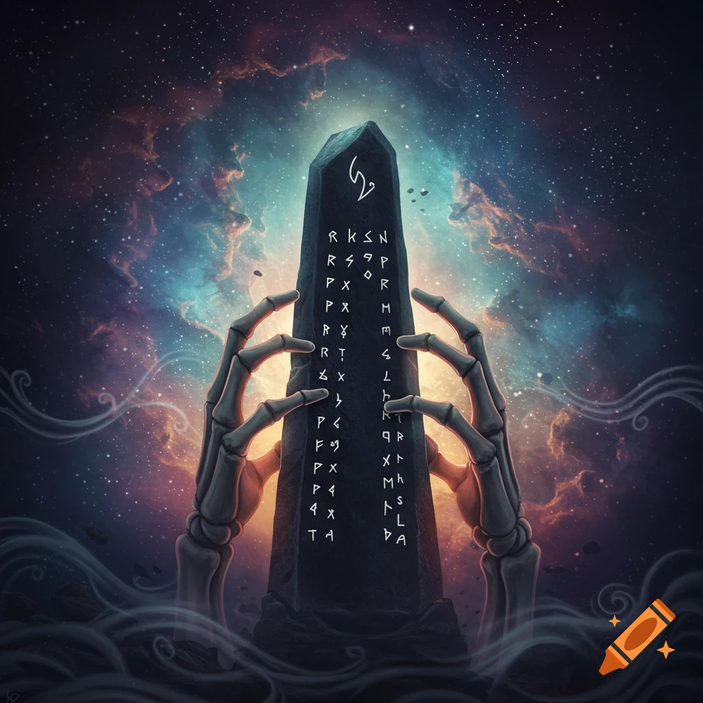Skeletal hands grasp an illuminated stone monolith covered in enigmatic runes, set against a vibrant cosmic nebula background.