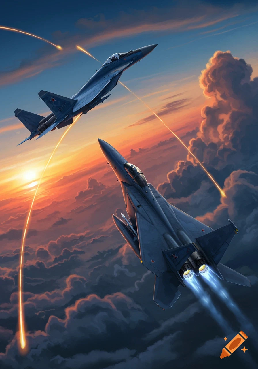 Two military fighter jets, an F-15 and an Su-37, dogfighting above clouds at sunset with missile trails in a realistic illustration.