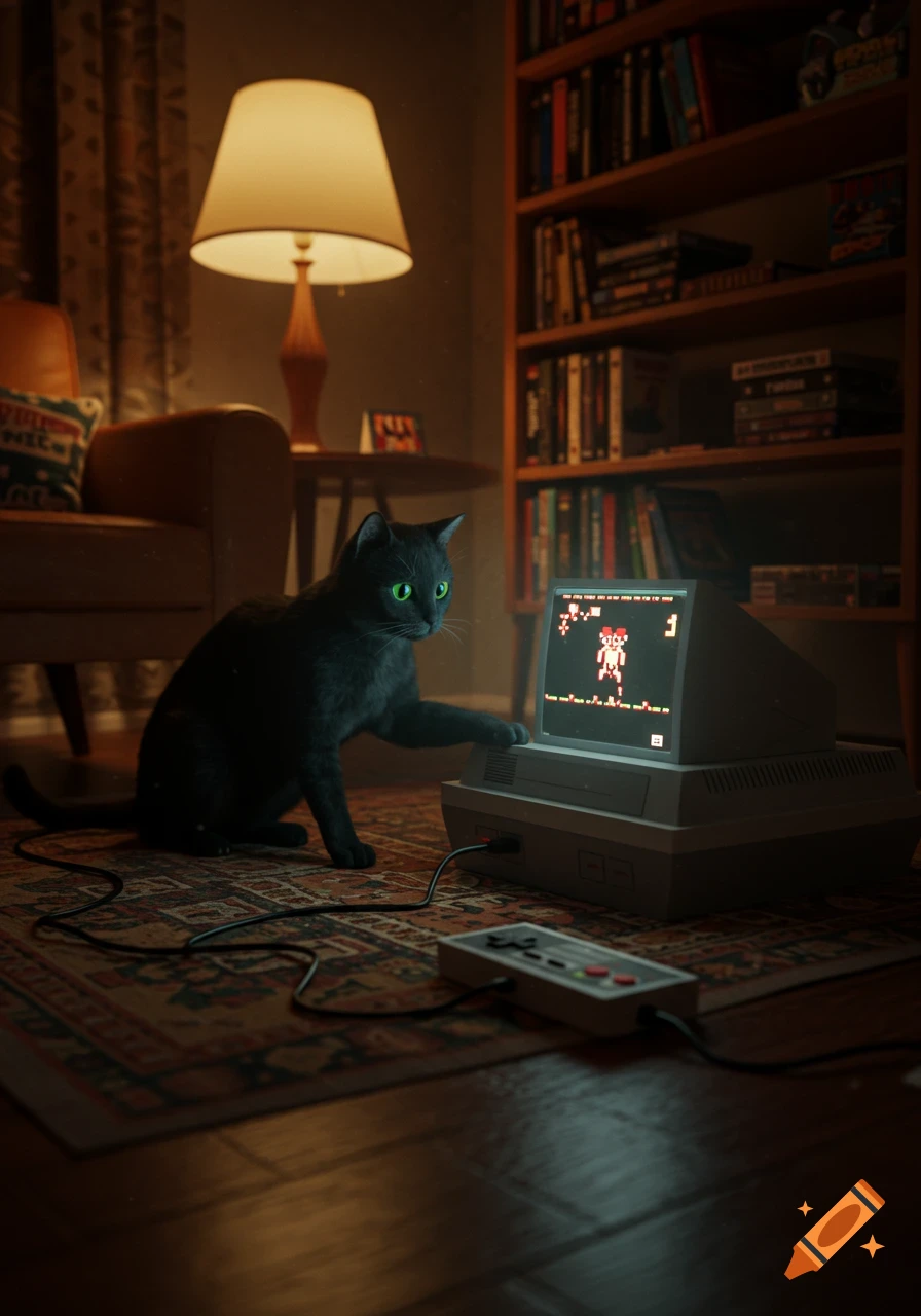 A photorealistic image of a black cat with glowing green eyes, pawing at a retro video game console displaying a pixelated game on its screen in a dimly lit room.