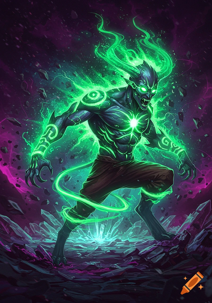 A menacing, horned green djinn with glowing eyes and tribal markings, surrounded by vibrant green energy, standing on crystalline ground in a digital art style.