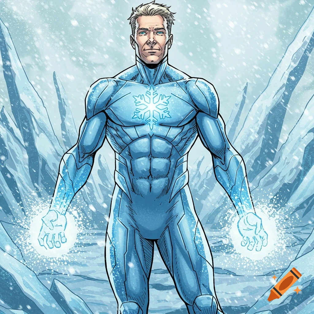 A comic-book-style male superhero with white hair and a calm expression, wearing an icy blue suit with a snowflake logo, generating ice from his glowing hands in a snowy landscape.