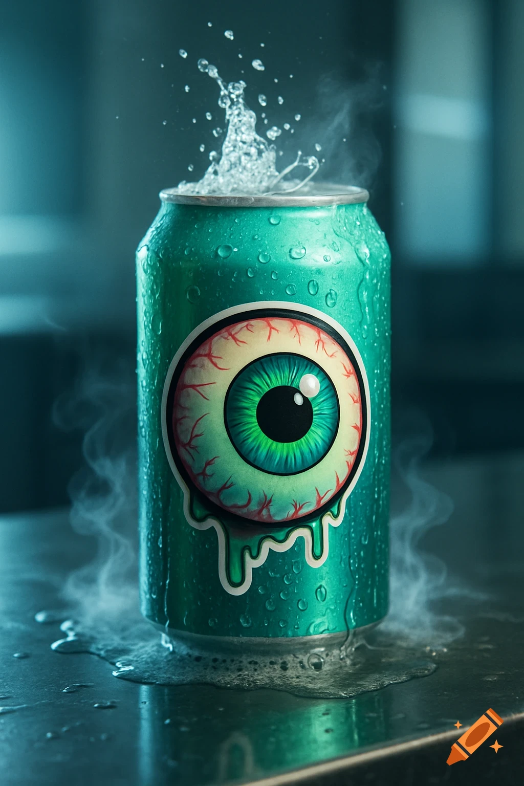 A vibrant green soda can featuring a large, stylized eyeball logo, with water splashing from the open top, covered in condensation, and surrounded by cold vapor.