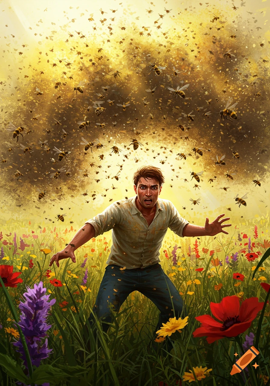 A terrified man in a field of wildflowers is swarmed by a dense cloud of bees in a detailed digital illustration.