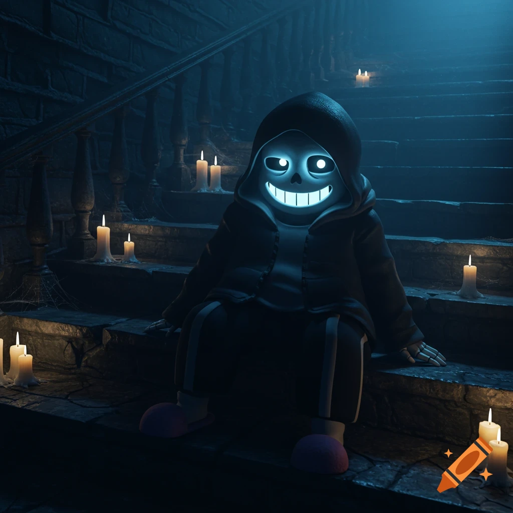 3D realistic image of Sans from Undertale, with a glowing skull face, sitting on dark, cobblestone stairs lit by numerous candles.