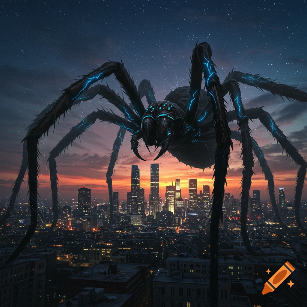 A colossal glowing blue and black spider stands over a city skyline at sunset under a starry sky.