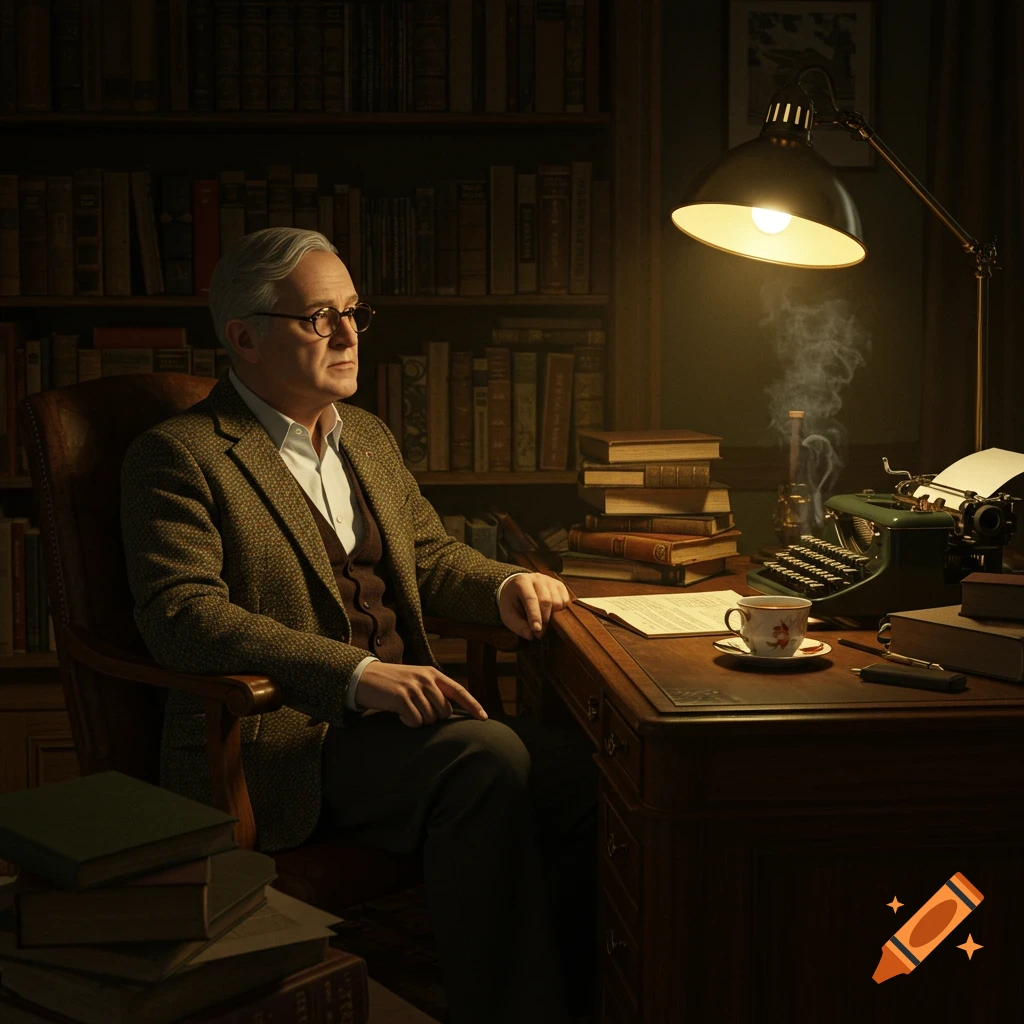 A distinguished man in a tweed jacket sits at a dark wooden desk with a vintage typewriter and books in a dimly lit library, a glowing lamp illuminates the scene.