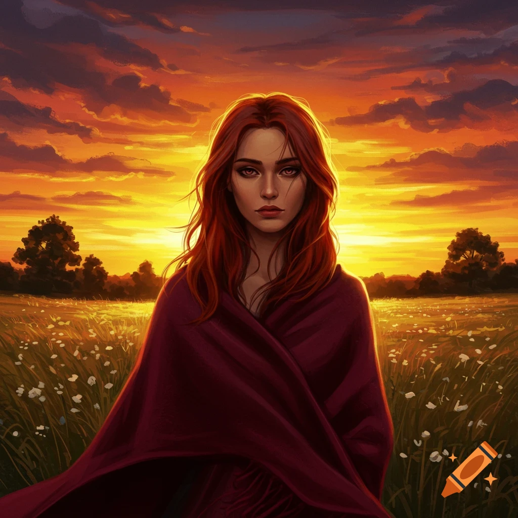 A red-haired woman in a deep red cloak stands in a field of flowers at sunset, looking intently at the viewer. Digital painting.