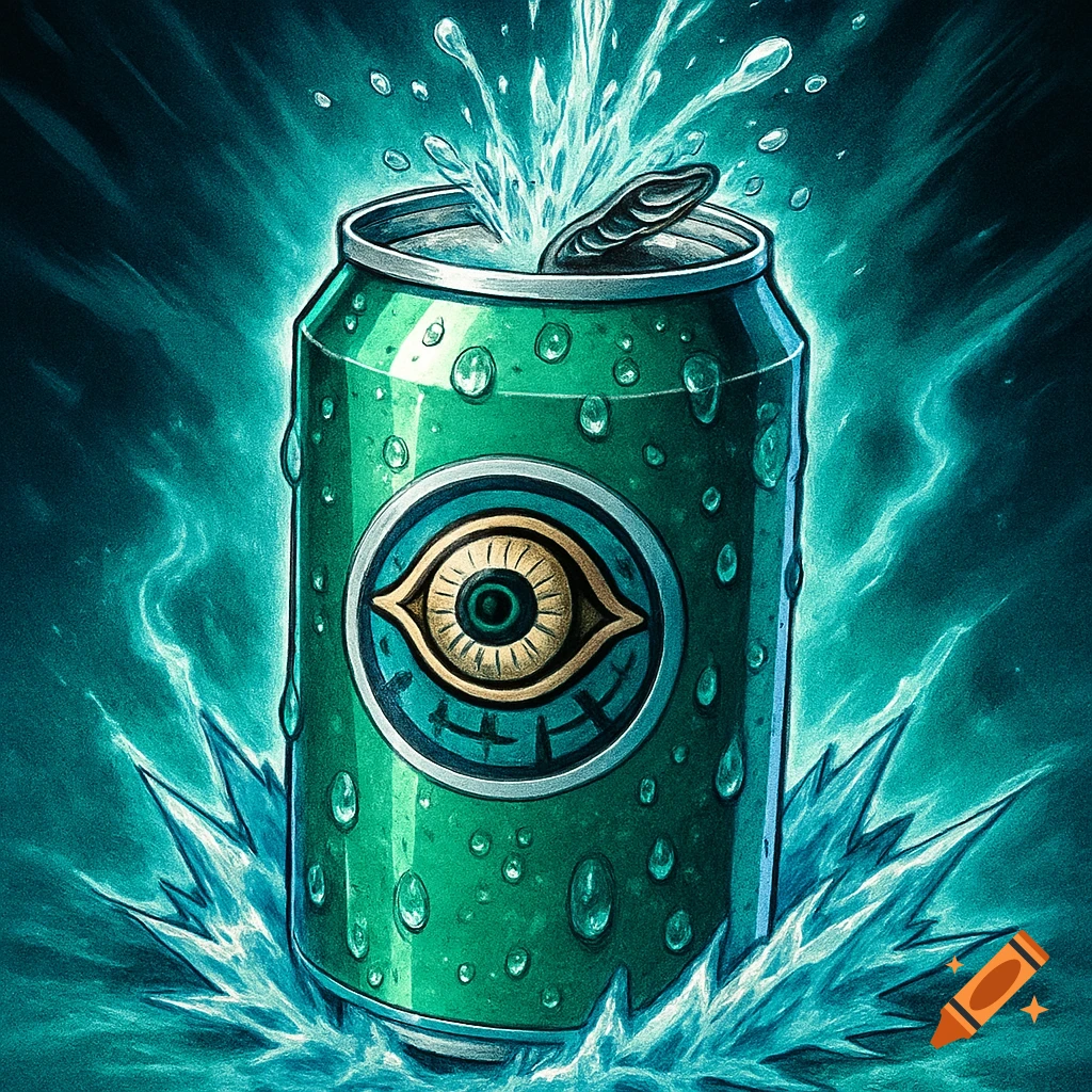 A green soda can with an eye-shaped logo and water fizzing from the top, surrounded by ice and an aura, in a vibrant illustration style.