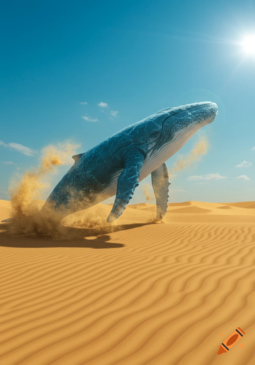 Photorealistic blue whale breaches golden desert sand dunes under a bright blue sky.