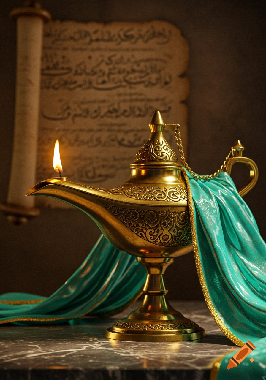 An ornate golden ancient oil lamp with a lit flame, draped with a flowing teal fabric, sitting on a marble surface with a blurred scroll in the background.