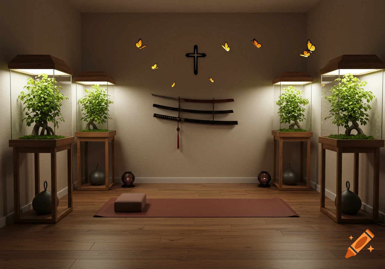 A Japanese-style yoga studio with bonsai plants in terrariums, a yoga mat, samurai swords, a cross, and butterflies on the wall.