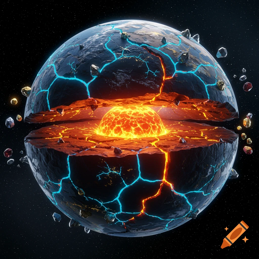 Cross-section of a cracked planet in space, revealing a glowing molten core and luminous blue fissures on its surface, with floating rocks.